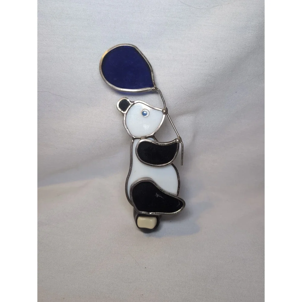 Vintage Handmade PANDA Bear Stained Glass Nightlight 6